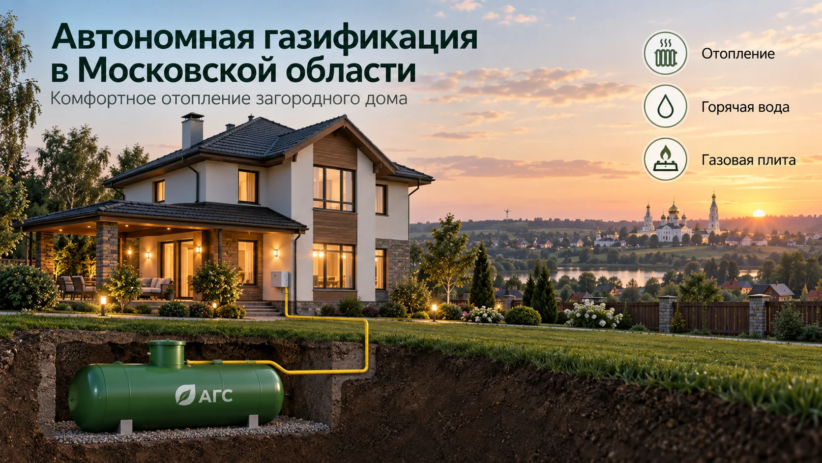 Московская область — современный загородный дом на фоне подмосковного пейзажа и храмов. В разрезе грунта показан подземный газгольдер АГС и газопровод к дому, справа — иконки отопления, горячей воды и газовой плиты.